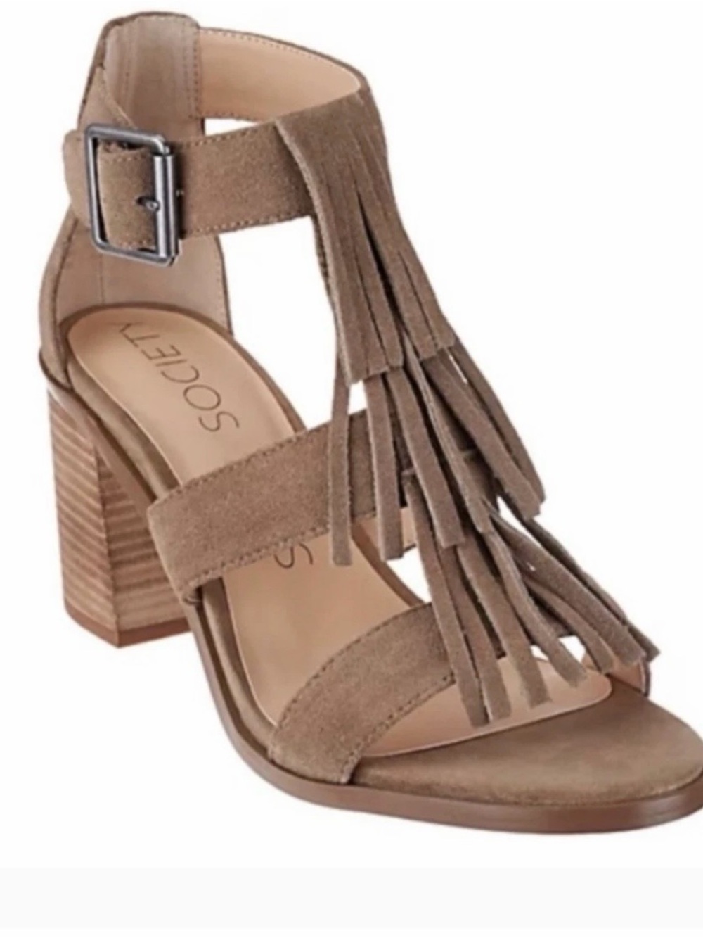 Sole Society Delilah Taupe Fringe Block Heels 7.5 EUC